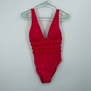 Mimi Flamingo One Piece Swimsuit Womens Size 8 PInkish Red Ruffle V-Neck NWT